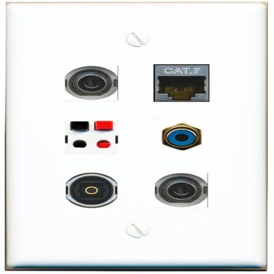 2 3.5mm CAT7 RCA-Blue Speaker TOSLINK Flat/Solid Wall Plate [White]