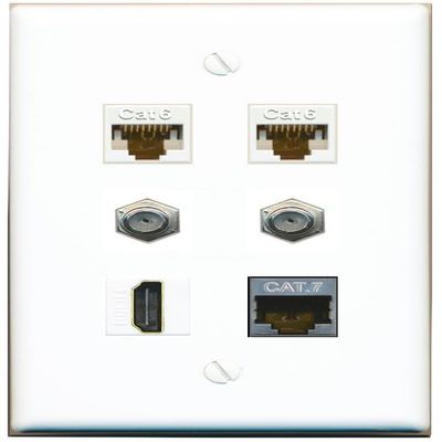 2 CAT6 CAT7 2 Coax HDMI Flat/Solid Wall Plate [White]