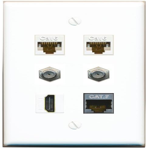 2 CAT6 CAT7 2 Coax HDMI Flat/Solid Wall Plate [White]
