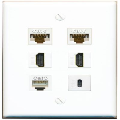 2 CAT6 2 HDMI Phone USBC Flat/Solid Wall Plate [White]