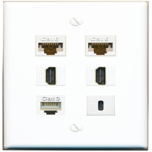 2 CAT6 2 HDMI Phone USBC Flat/Solid Wall Plate [White]