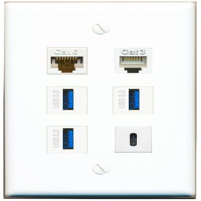 CAT6 Phone 3 USB-3 USBC Flat/Solid Wall Plate [White]