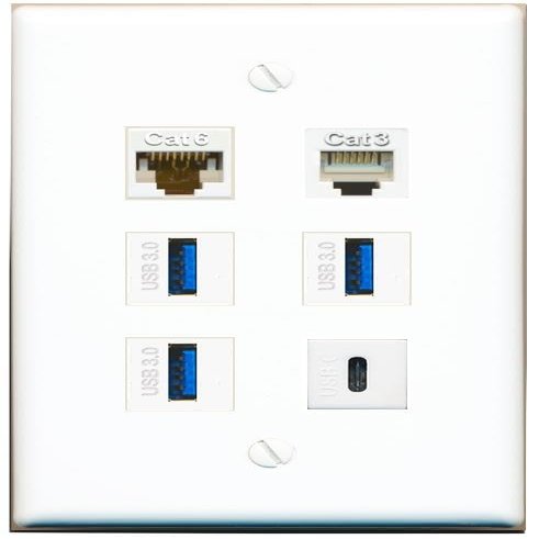 CAT6 Phone 3 USB-3 USBC Flat/Solid Wall Plate [White]