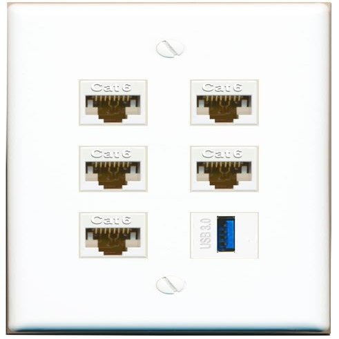 5 CAT6 USB-3 Flat/Solid Wall Plate [White]