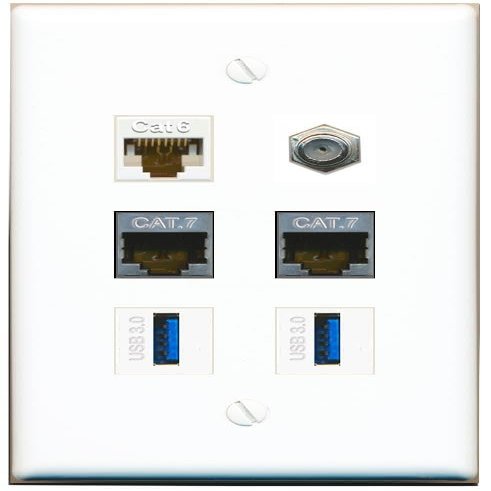 CAT6 2 CAT7 Coax 2 USB-3 Flat/Solid Wall Plate [White]