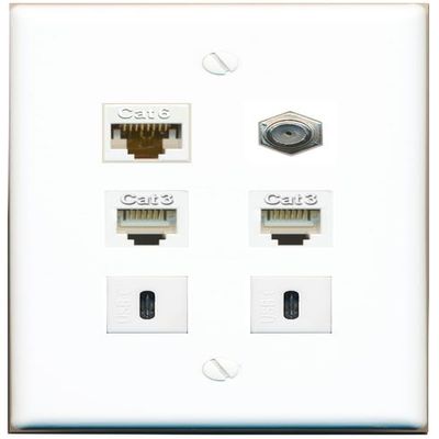 CAT6 Coax 2 Phone 2 USBC Flat/Solid Wall Plate [White]