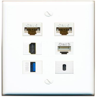 2 CAT6 HDMI Phone USB-3 USBC Flat/Solid Wall Plate [White]