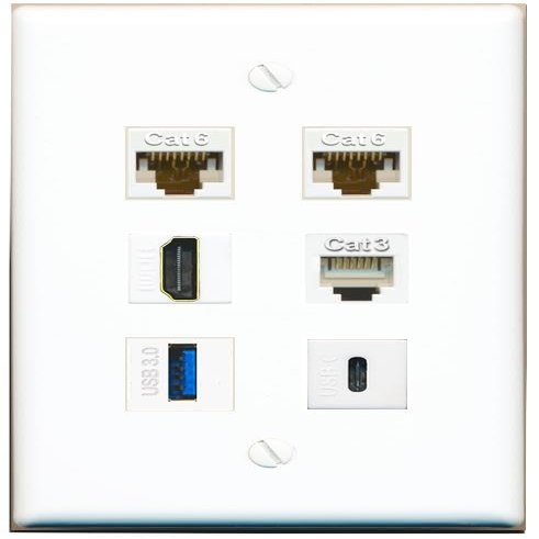 2 CAT6 HDMI Phone USB-3 USBC Flat/Solid Wall Plate [White]