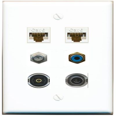 3.5mm 2 CAT6 Coax RCA-Blue TOSLINK Flat/Solid Wall Plate [White]
