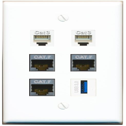 3 CAT7 2 Phone USB-3 Flat/Solid Wall Plate [White]