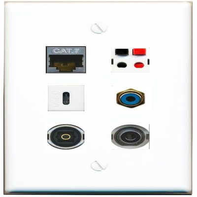 3.5mm CAT7 RCA-Blue Speaker TOSLINK USBC Flat/Solid Wall Plate [White]