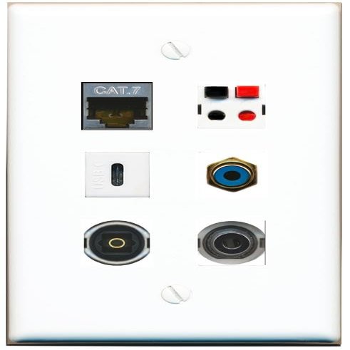 3.5mm CAT7 RCA-Blue Speaker TOSLINK USBC Flat/Solid Wall Plate [White]
