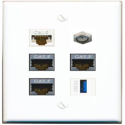 CAT6 3 CAT7 Coax USB-3 Flat/Solid Wall Plate [White]
