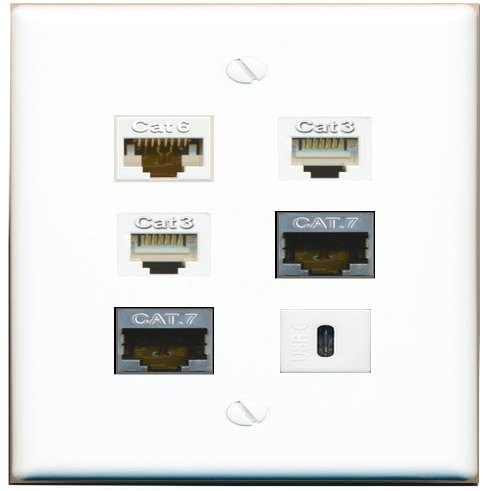 CAT6 2 CAT7 2 Phone USBC Flat/Solid Wall Plate [White]