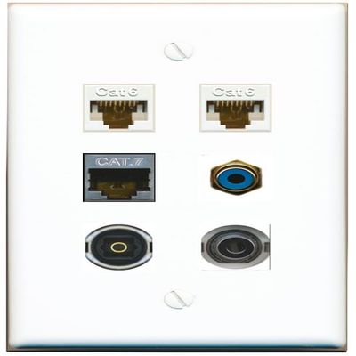 3.5mm 2 CAT6 CAT7 RCA-Blue TOSLINK Flat/Solid Wall Plate [White]