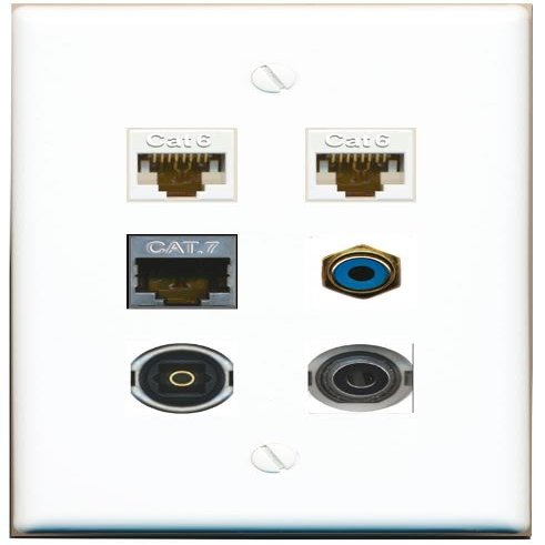 3.5mm 2 CAT6 CAT7 RCA-Blue TOSLINK Flat/Solid Wall Plate [White]