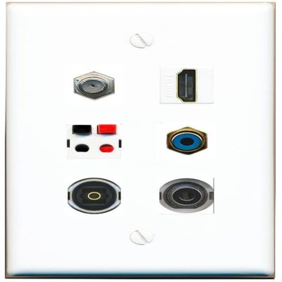 3.5mm Coax HDMI RCA-Blue Speaker TOSLINK Flat/Solid Wall Plate [White]