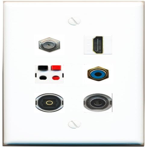 3.5mm Coax HDMI RCA-Blue Speaker TOSLINK Flat/Solid Wall Plate [White]