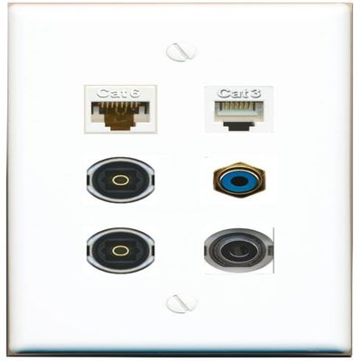 3.5mm CAT6 Phone RCA-Blue 2 TOSLINK Flat/Solid Wall Plate [White]