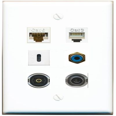 3.5mm CAT6 Phone RCA-Blue TOSLINK USBC Flat/Solid Wall Plate [White]