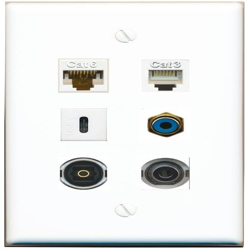 3.5mm CAT6 Phone RCA-Blue TOSLINK USBC Flat/Solid Wall Plate [White]