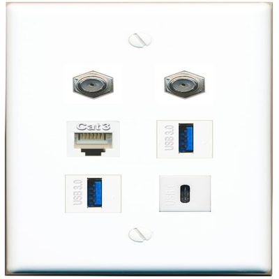 2 Coax Phone 2 USB-3 USBC Flat/Solid Wall Plate [White]