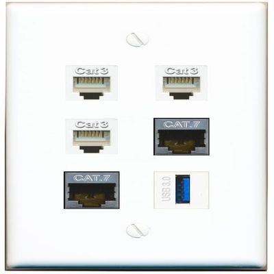 2 CAT7 3 Phone USB-3 Flat/Solid Wall Plate [White]