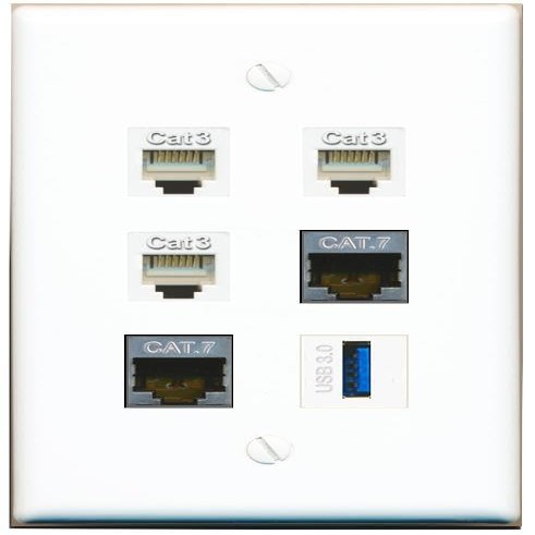2 CAT7 3 Phone USB-3 Flat/Solid Wall Plate [White]