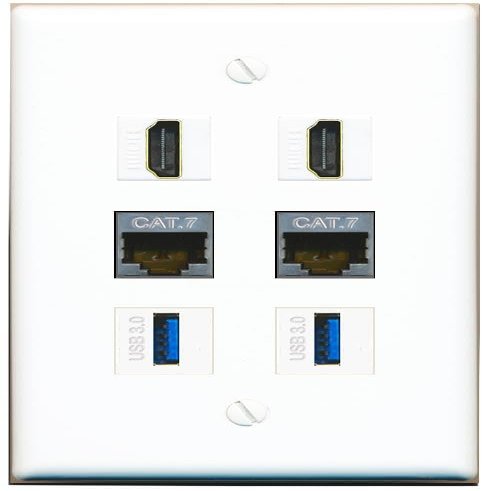 2 CAT7 2 HDMI 2 USB-3 Flat/Solid Wall Plate [White]