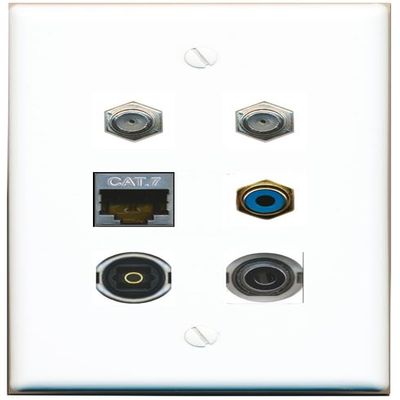 3.5mm CAT7 2 Coax RCA-Blue TOSLINK Flat/Solid Wall Plate [White]