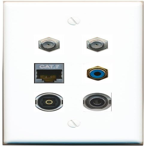 3.5mm CAT7 2 Coax RCA-Blue TOSLINK Flat/Solid Wall Plate [White]