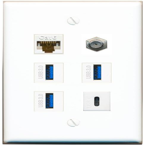 CAT6 Coax 3 USB-3 USBC Flat/Solid Wall Plate [White]