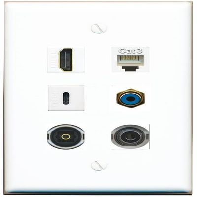 3.5mm HDMI Phone RCA-Blue TOSLINK USBC Flat/Solid Wall Plate [White]