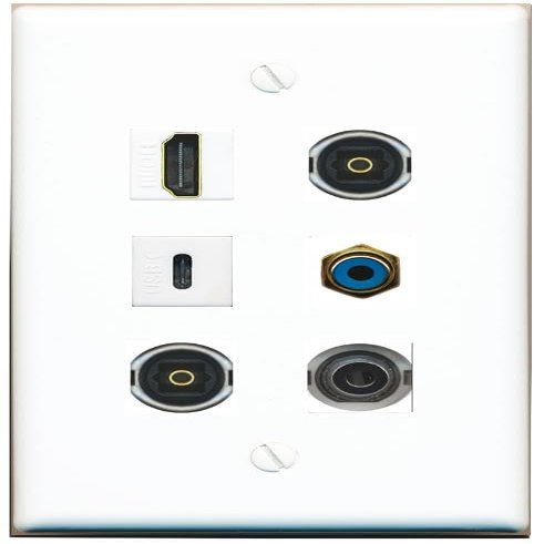 3.5mm HDMI RCA-Blue 2 TOSLINK USBC Flat/Solid Wall Plate [White]