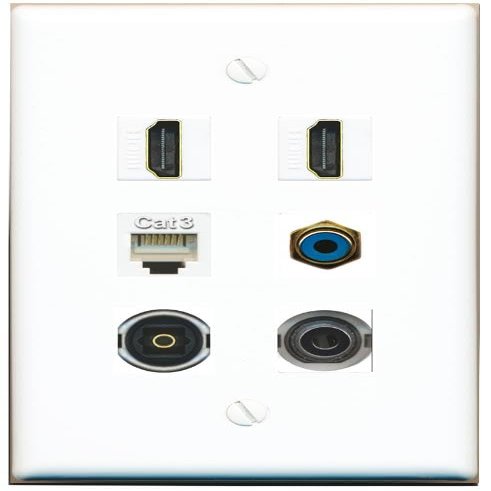 3.5mm 2 HDMI Phone RCA-Blue TOSLINK Flat/Solid Wall Plate [White]