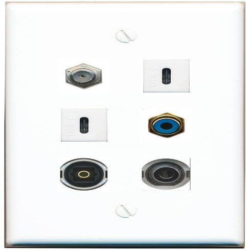 3.5mm Coax RCA-Blue TOSLINK 2 USBC Flat/Solid Wall Plate [White]