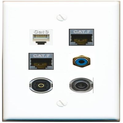 3.5mm 2 CAT7 Phone RCA-Blue TOSLINK Flat/Solid Wall Plate [White]