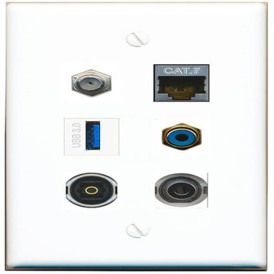 3.5mm CAT7 Coax RCA-Blue TOSLINK USB-3 Flat/Solid Wall Plate [White]