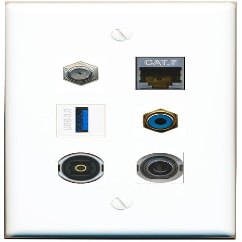 3.5mm CAT7 Coax RCA-Blue TOSLINK USB-3 Flat/Solid Wall Plate [White]