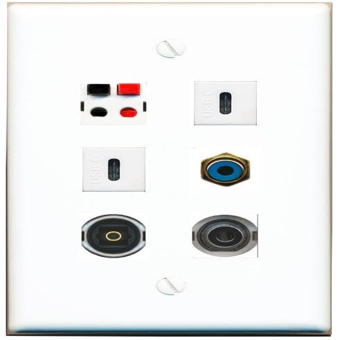 3.5mm RCA-Blue Speaker TOSLINK 2 USBC Flat/Solid Wall Plate [White]