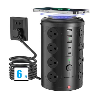 Surge Protector Power Strip - Desk Charging Station with 15W Wireless Charger, Multiple Outlets Charging Station with 16 2300J AC Outlets & 5 USB (2 USB C) Port, for Home, Office, Dorm Room