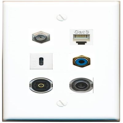 3.5mm Coax Phone RCA-Blue TOSLINK USBC Flat/Solid Wall Plate [White]