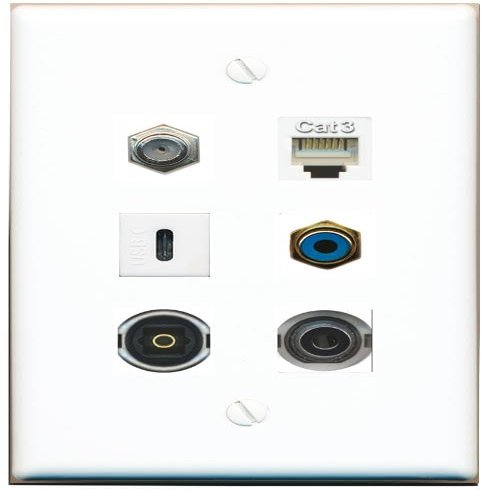 3.5mm Coax Phone RCA-Blue TOSLINK USBC Flat/Solid Wall Plate [White]