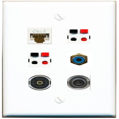 3.5mm CAT6 RCA-Blue 2 Speaker TOSLINK Flat/Solid Wall Plate [White]