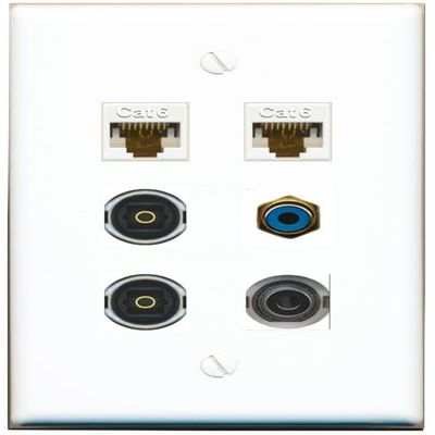 3.5mm 2 CAT6 RCA-Blue 2 TOSLINK Flat/Solid Wall Plate [White]