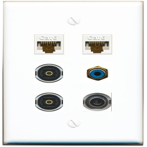 3.5mm 2 CAT6 RCA-Blue 2 TOSLINK Flat/Solid Wall Plate [White]