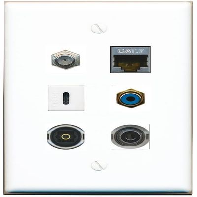 3.5mm CAT7 Coax RCA-Blue TOSLINK USBC Flat/Solid Wall Plate [White]