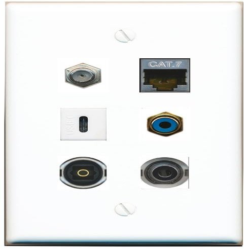 3.5mm CAT7 Coax RCA-Blue TOSLINK USBC Flat/Solid Wall Plate [White]
