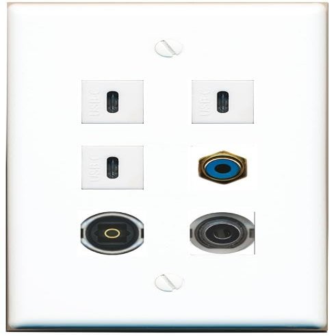 3.5mm RCA-Blue TOSLINK 3 USBC Flat/Solid Wall Plate [White]