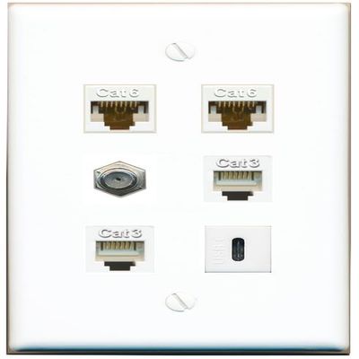2 CAT6 Coax 2 Phone USBC Flat/Solid Wall Plate [White]